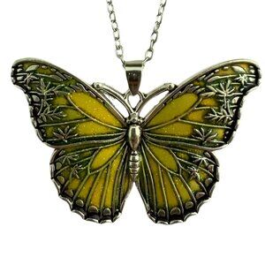 Necklace Yellow Green Butterfly Oil Drop Enamel Sparkle Antique Silvery Finish